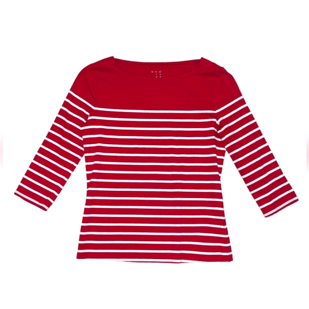 A New Day Women's Small Red White Stripe Boat-Neck Top w/ Half 3/4 Sleeves
